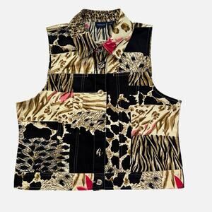Westbound Vest Cotton Womens Large Animal Safari Print Button Up Tan Black